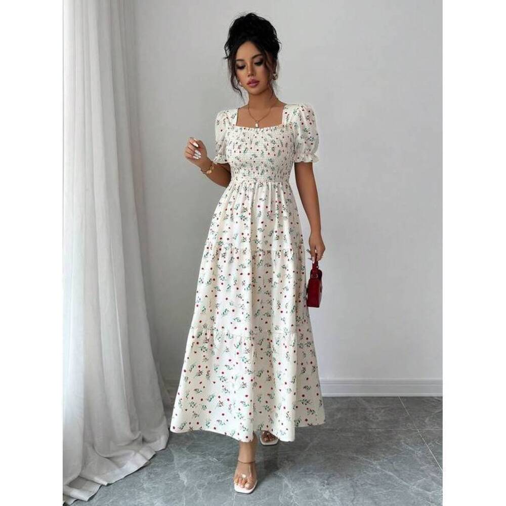 Elenzga Floral Square Collar Cinched Waist A-Line Pa - Picture 7 of 7